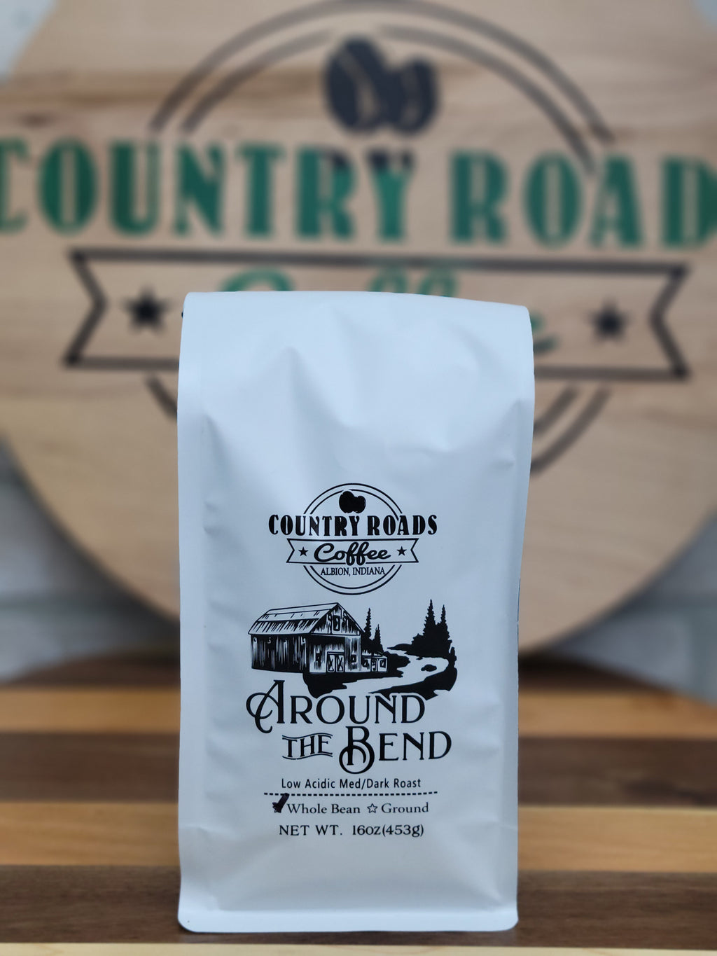 Image of our Around the Bend medium dark roast 16-ounce package.